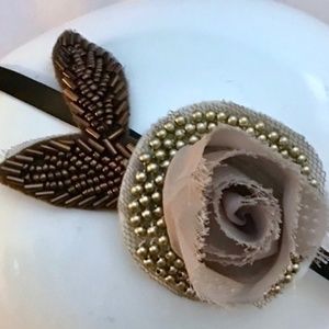 Beige Chiffon Bronze Beaded Rosette Headband NWOT